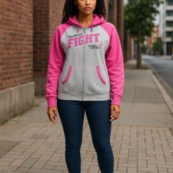 Susan G . Komen Full Zip Hoodie Applique Letters Pockets Pink Gray Sweater Size XL