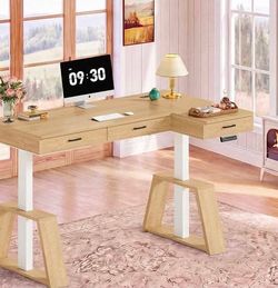 59 Inch L Shaped Electric Standing Desk Executive Height Adjustable Computer Desk with Drawers Power Outlets ( corner damage)