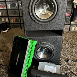 Two 8” Subwoofers In Custom Infinity QBomb Box, JVC Receiver Monitor, & Rockford Fosgate Punch 1000 Watt Amplifier