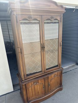 Solid Wood Lighted China Cabinet with Glass Doors – Vintage Hutch