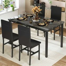 5Peice Dining Table Set, Faux Marble Dining Room Table and Chairs Set, Rectangle Kitchen Table Set with Durable Metal Frame and Upholstered Chairs, fo