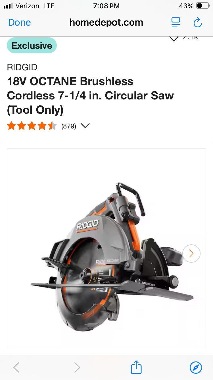 Ridgid octane 7 1/4 circular saw (R8654B)
