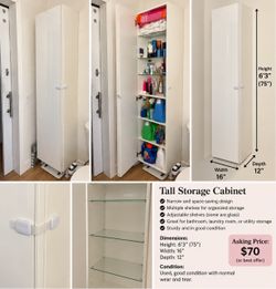TALL WHITE STORAGE CABINET – $70