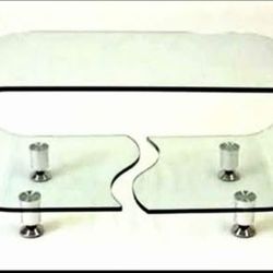 Glass Coffee Table, 2-tier Modern & Stylish Curved Glass w/Shelf & Chrome legs 
