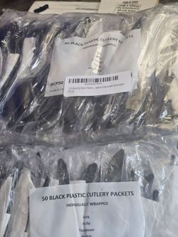 100 Plastic Cutlery Packets - Knife Fork Spoon Napkin Salt Pepper Sets | Black Silverware Sets Individually Wrapped Cutlery Kits, Bulk Plastic Utensil