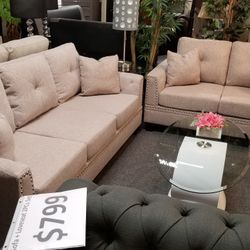 Brand New Tan Or Biege Linen Sofa + Loveseat 2PCs Set