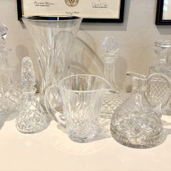 Waterford decanters, pitcher and vase