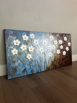 48x24 LARGE Hand Painted Teal Blue/Golden Brown/White 3D Floral Textured Canvas Art