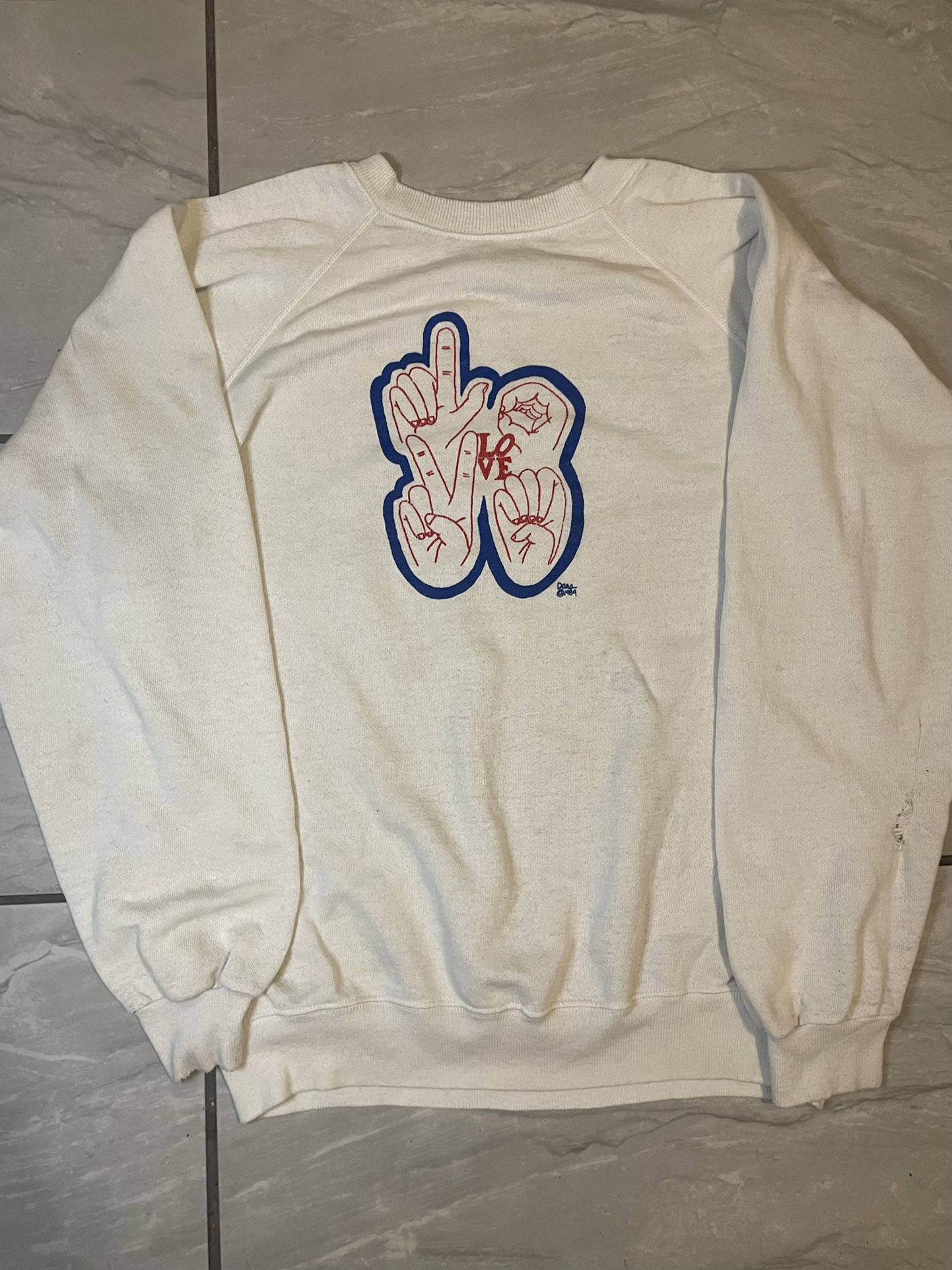 Vintage 1989 Love Sign Language Crewneck Sweatshirt Women Hanes Large Distressed