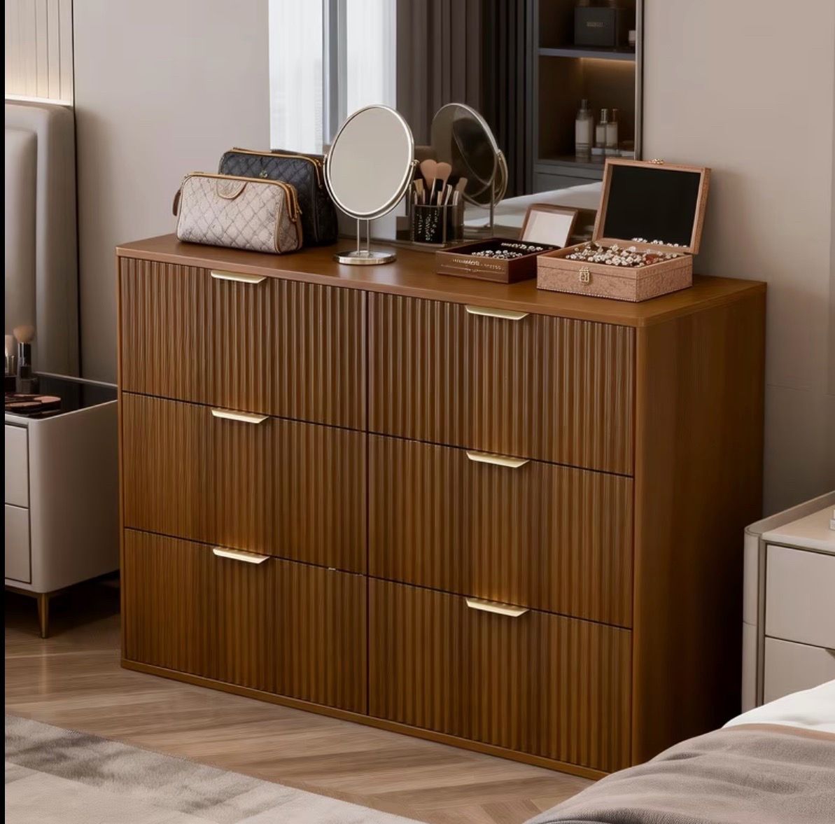 Wood Brown Dresser for Bedroom, Fluted Brown 6 Dresser, Mid Century Modern Dresser, Vintage Brown Wood Dresser with Deep Drawers for Bedroom, Living R