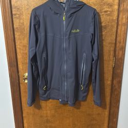 Rab Mens M Medium Full Zip Hooded Blue Softshell Outdoor Hiking Jacket