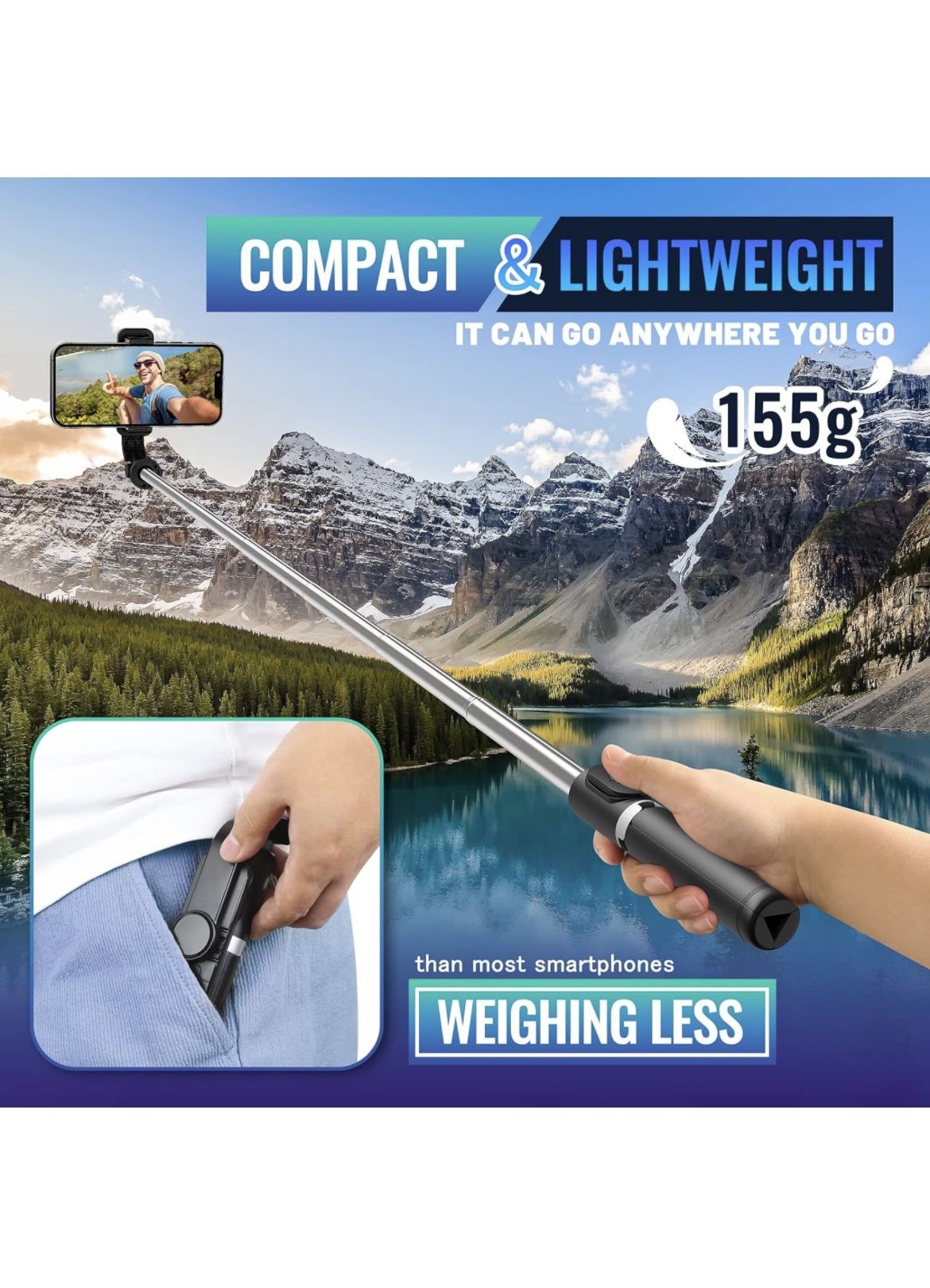 Portable Selfie Stick, Handheld Tripod with Detachable Wireless Remote and Mini Tripod Stand Selfie Stick for iPhone 13, 12, 11, XR, X, 8, 7, Pro, Max