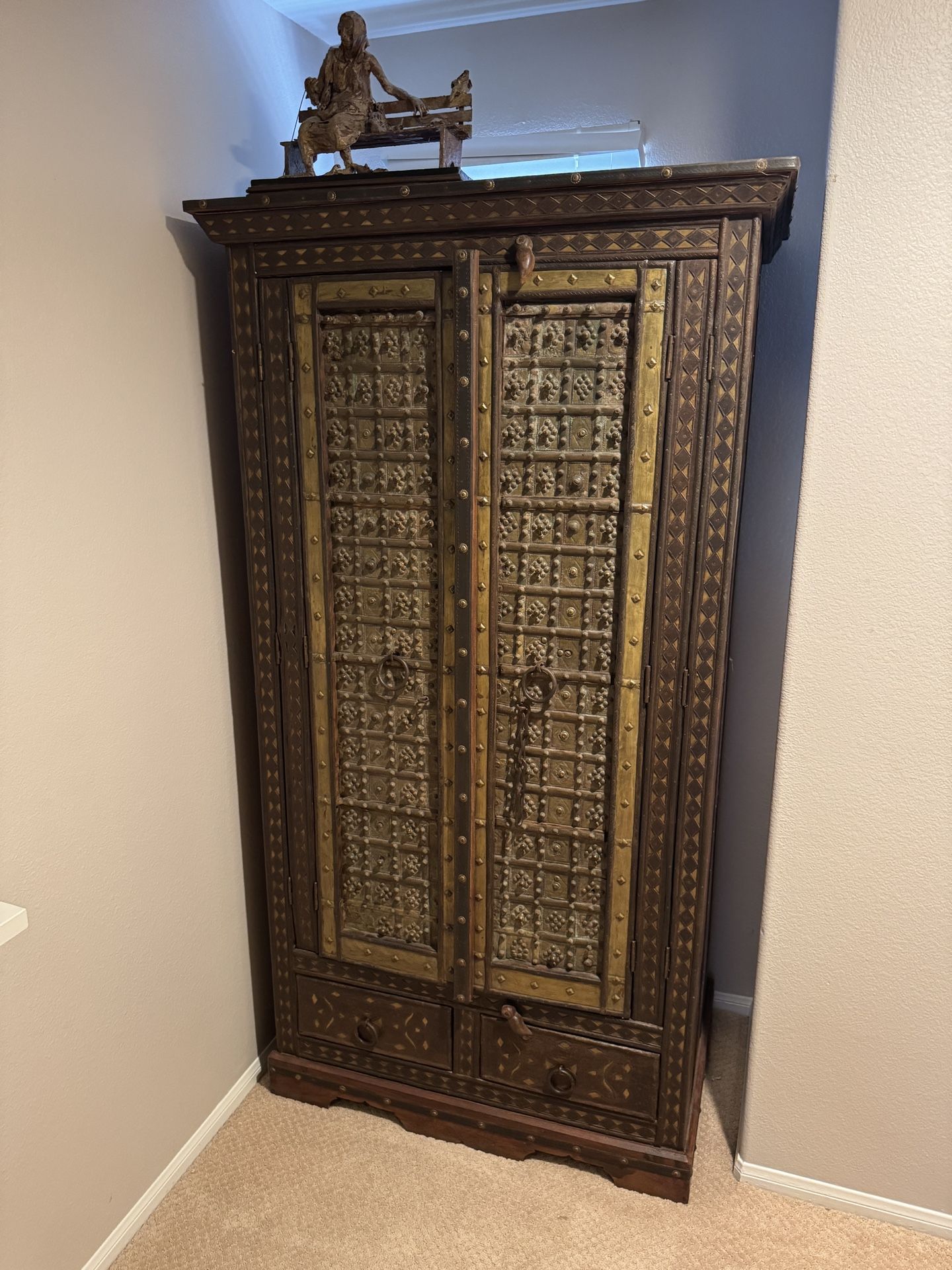 Antique Indian Armoire Cabinet – Original Palace Doors w/ Forged Iron & Brass Inlay