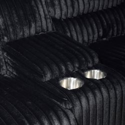 Soft Jumbo corduroy fabric large Reclining Sectional w/2 Cup holders in black