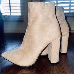 Beige Suede Pointed-Toe Block Heel Ankle Boots – Size 6