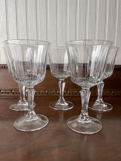 Vintage Set of 5 French y Ribbed Crystal Stem Goblet Wine Champagne Barware Glasses  6.5” tall