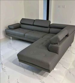 Grey Sectional sofa Faux Leather modern couch adjustable headrest