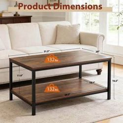 New 2-Tier, Rustic Brown Industrial Coffee Table Storage Shelf Vintage