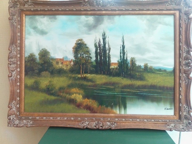 Vintage River Oil Painting By Artist A. Lawrence