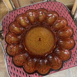 Vintage amber glass deviled egg plate appetizer dish