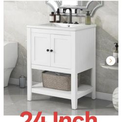 24 in. W x 17.8 in. D x 33.6 in. H Single Sink Solid Wood Frame Freestanding Bath Vanity in White with White Ceramic Top