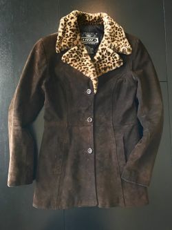 Vintage Brown Suede/Leather Jacket with Faux Fur Leopard Print Collar