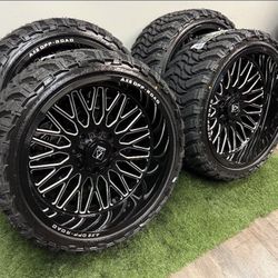 new 24x12 axe Offroad wheels wrapped in atturo mts 33x13.50R24 tires. They are 8 lug 8x180 bolt pattern 