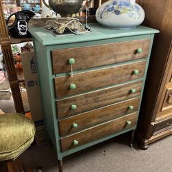 Vintage 5 Drawer Green & Brown Dresser Chest