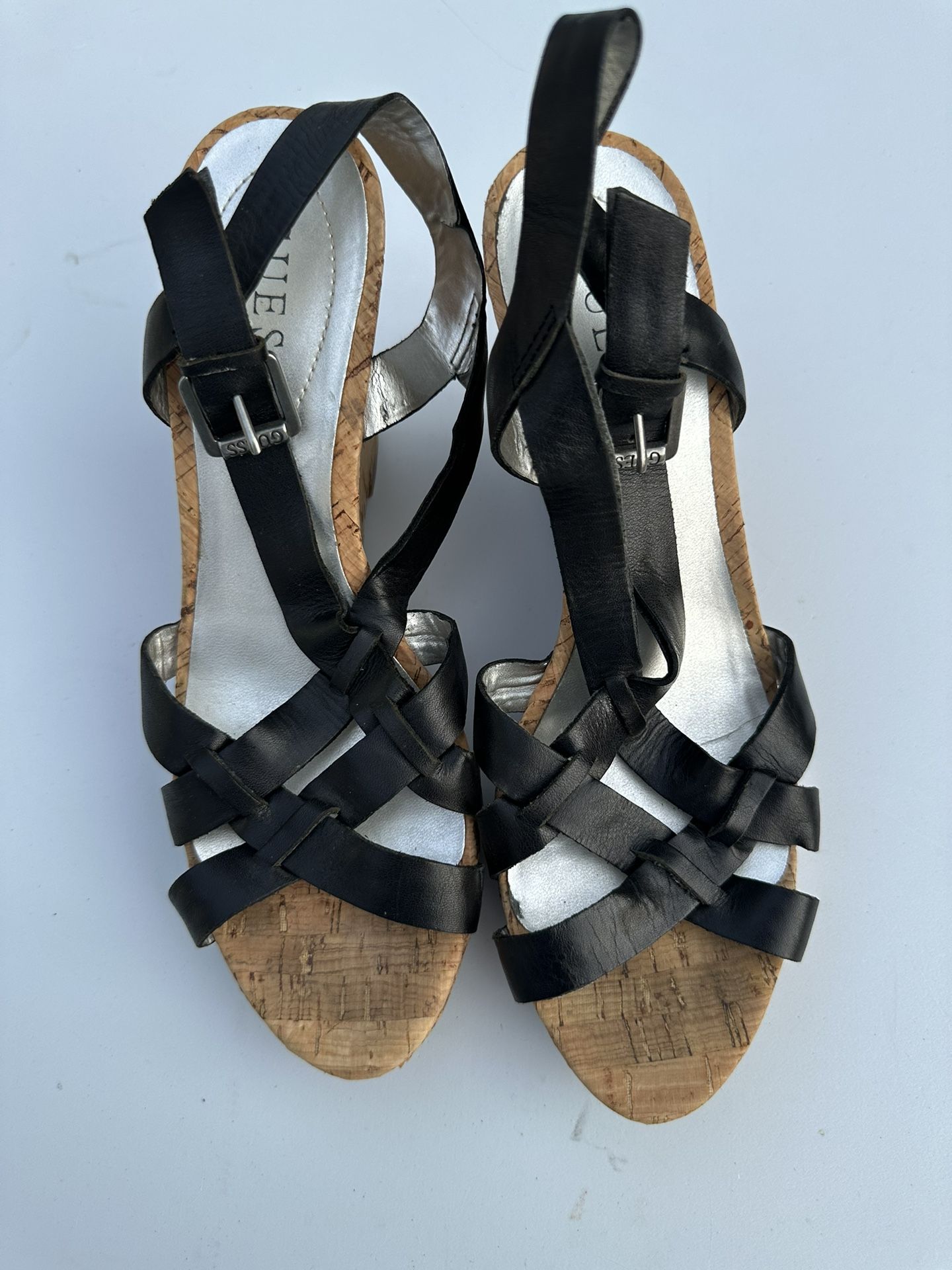 Guess Sandals Womens 8 1/2 Brown Cork Wedge Strappy Buckle Open Toe