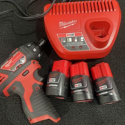 Milwaukee M12 Cordless Hex Screwdriver 2401 With M12 Charger And 3 M12 Batteries I