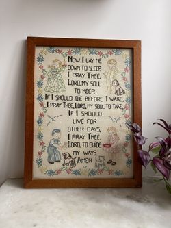 Vintage Embroidery Cross-stitch Art Wood Framed Now I Lay Me Down Sleep Nursery Wall Decor Prayer