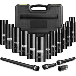 16 PC, 1/2 Inch Drive SAE Deep Impact Socket Set, SAE Size(5/16”-1”), CR-V Steel, 6-Point, Deep Socket Set Includes 3 Impact Extension Bars 3", 5", 10