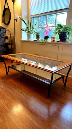 Wood and Metal with Glass Coffee Table with 2nd Mirrored Shelf