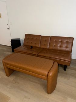 Brown Faux Leather Futon Sofa with Matching Ottoman