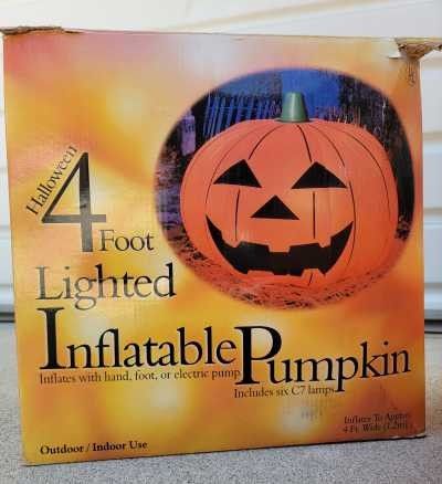 Like NEW Vtg Halloween. Lighted 4 Ft Inflatable Pumpkin in Original Box For Outdoor Or Indoor Use