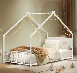 Good Night! New Other Bellemave Twin House Bed W/ Roof, Headboard, Slats & LED Lights, White-OBO