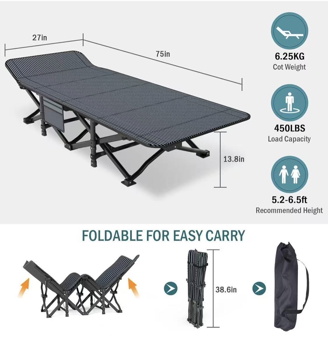 ✌️ Camping Cot for Adults, Folding Bed with Comfortable Cushion, Tent Portable Sleeping Bed with Carry Bag for Camp, Office Use, Outdoor