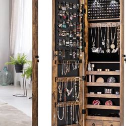 Giantex Wall Door Mounted Jewelry Armoire Cabinet with 47.5" H Full Length Mirror, 2 LEDs Lockable Jewelry Organizer Box with Bracelet Rod, 2 Drawers,