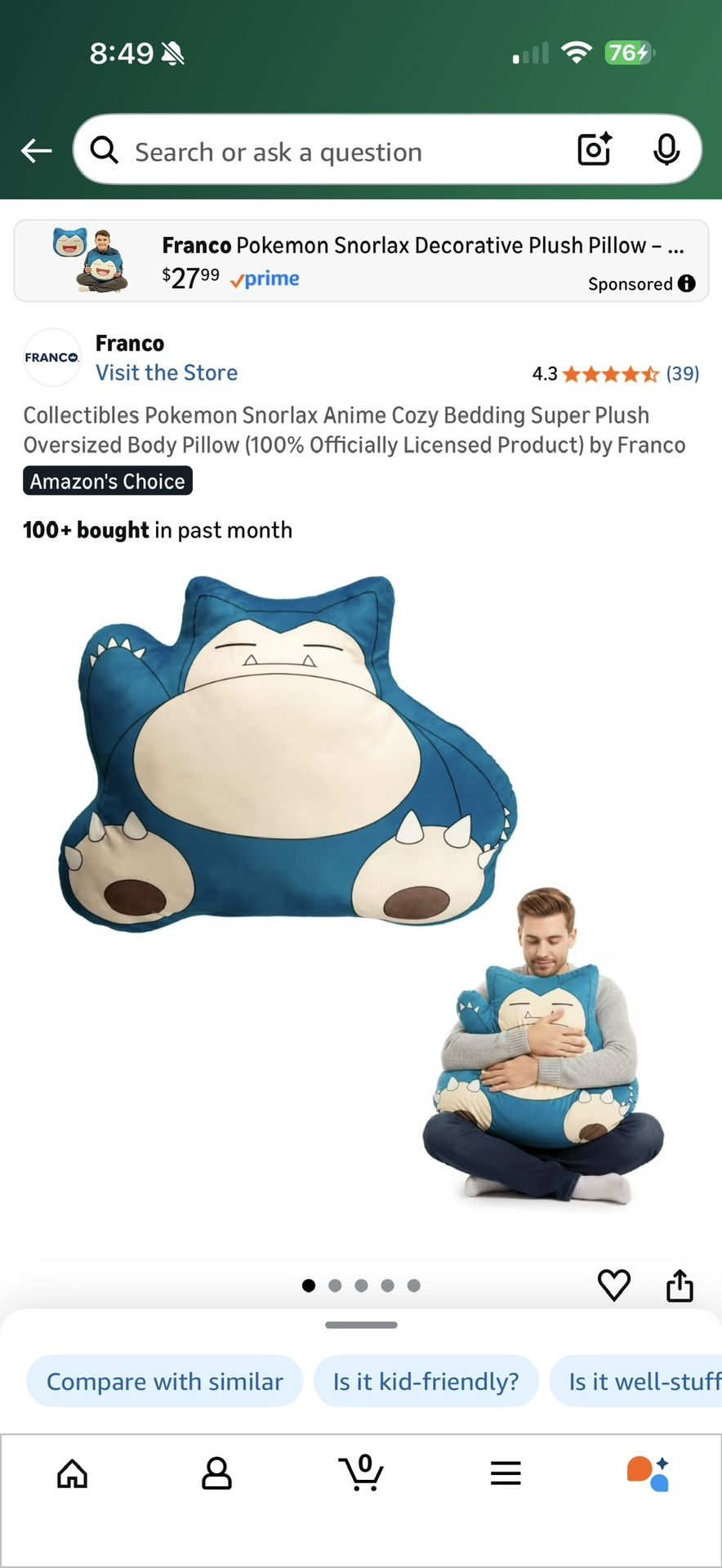Pokemon Snorlax Anime Cozy Bedding Super Plush Oversized Body Pillow