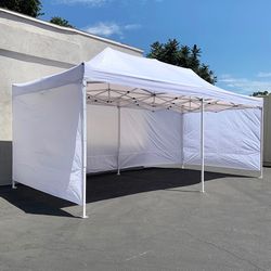 (Brand New) $225 Heavy Duty 10x20 FT Canopy (with 4 Sidewalls) Ez Pop Up Outdoor Party Tent w/ Carry Bag (White/Blue)