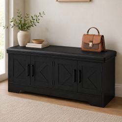 Farmhouse Shoe Storage Bench w/ Cushion 43” Black – Entryway Cabinet 4 Doors