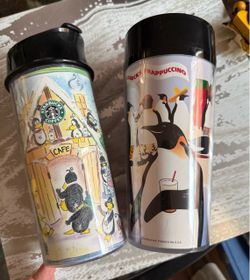 Vtg Pair of Starbucks Penguin Travel Press and Tumbler Set    Vintage Starbucks penguin-themed drinkware set includes one travel coffee press and one 