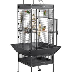 61-inch Playtop Wrought Iron Large Parrot Bird Cages with Rolling Stand for Cockatiels Amazon Parrot Quaker Conure Parakeet Lovebird. Black