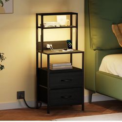 Night Stand, Tall Nightstand with 4-Tier Shelves, 2 Fabric Drawers Led Lights, Bed Side Tables with Charging Station, Bedside Table for Bedroom, Offic