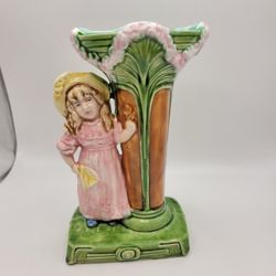Antique Ceramic Majolica Vase 10624 31 Girl with Yellow Fan 6"
