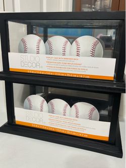Baseball display case multiple baseballs mirror, wood glass studio decor