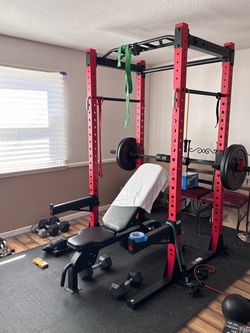 ETHOS Home Gym Setup – Squat Rack, Bench, Olympic Bar, 280 lbs ETHOS/Rogue Plates + Dumbbells