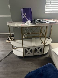 White and Gold Semicircle Console Table with Cabinet