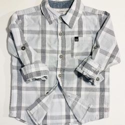 Calvin Kline Jeans Boys 2T Button Down Gray Plaid Long Sleeve Shirt, SMOKE FREE!