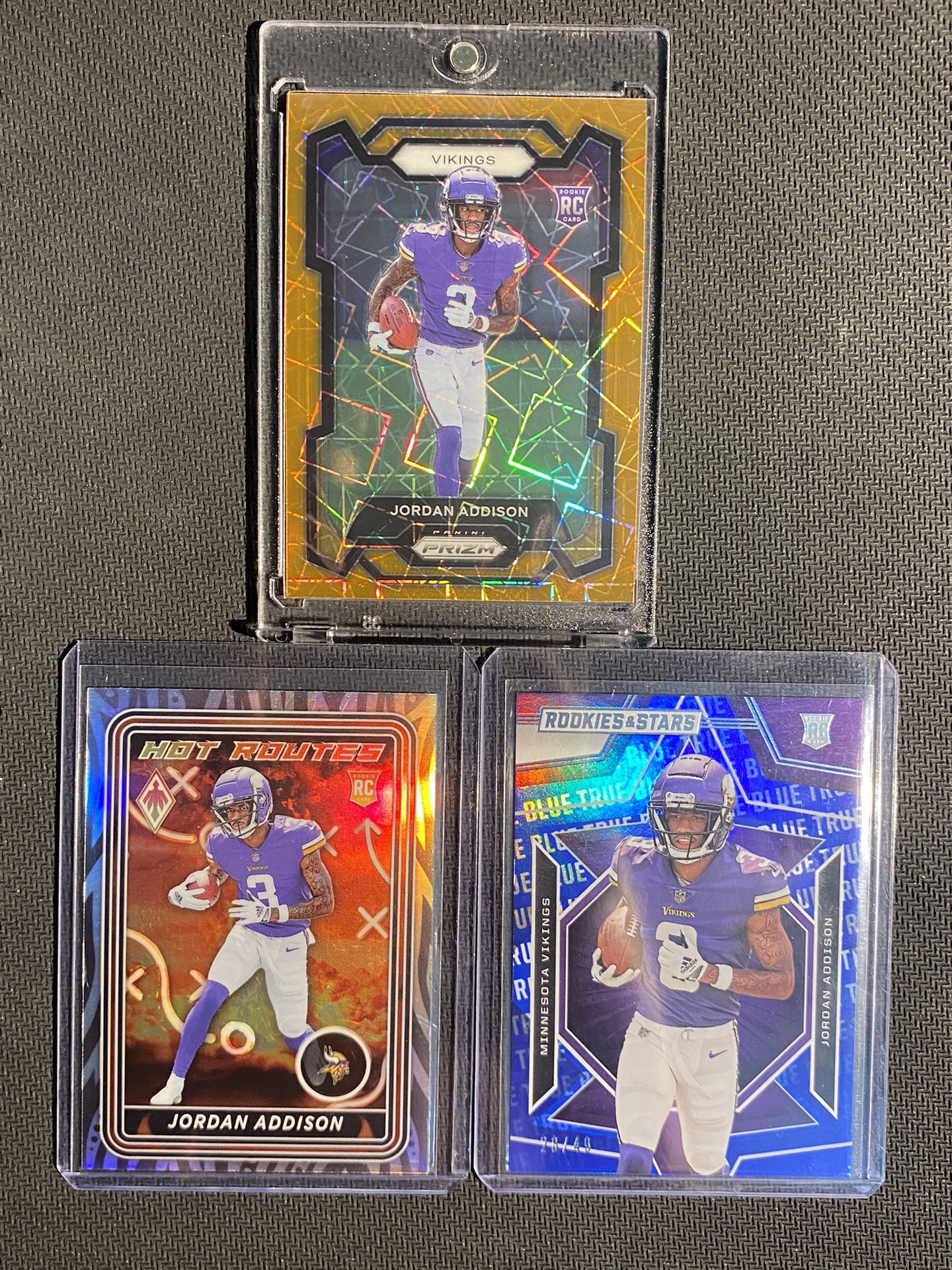 2023 Jordan Addison ROOKIE Prizm Orange Lazer True Blue Numbered /49 RC Vikings 